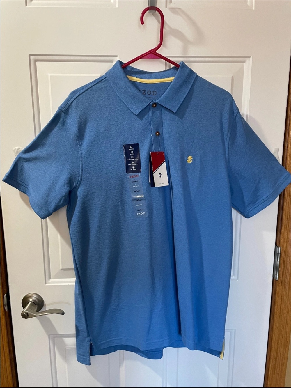 NWT Izod Men's Light Blue Pique Polo Advantage Short Sleeve with Yellow Logo